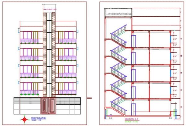 66 Ft x 55 Ft Five Story Building Elevation and Section