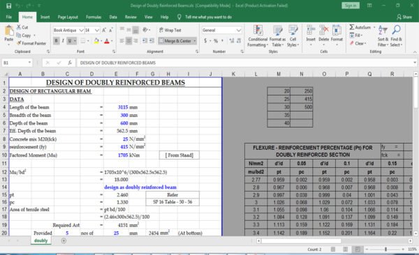 Design of doubly reinforced beams excel free