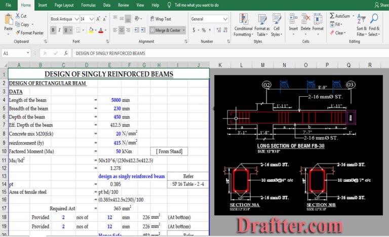 Design of Singly Reinforced Beam Calculation Excel Sheet