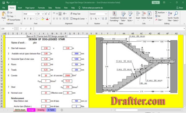 Dog-legged Staircase design excel sheet