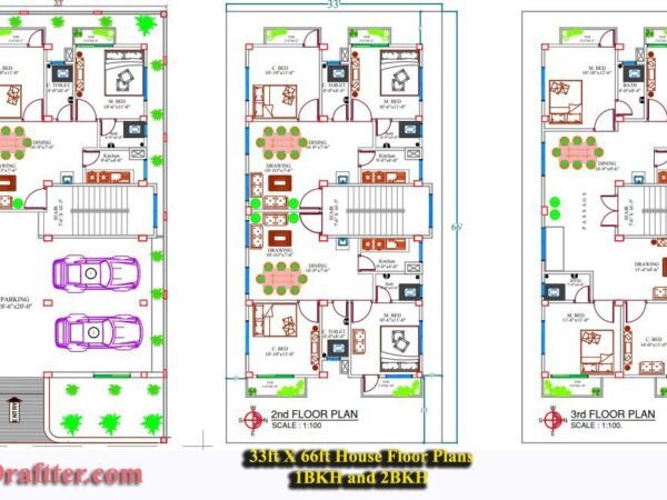 33ft X 66ft House Floor Plans 1BKH and 2BKH