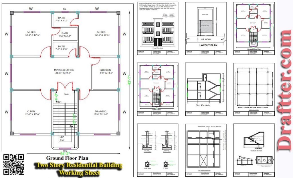 43 x 34 Residential Building Floor Plans with Working Sheet [DWG, PDF ...