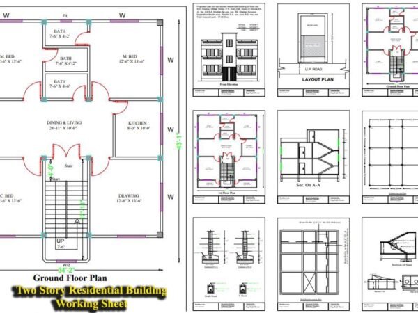 43 x 34 Residential Building Floor Plans with Working Sheet