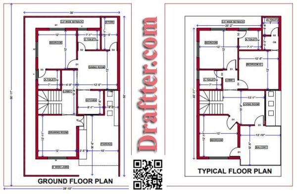 50 FT x 30 FT Duplex House Plans with Measurement