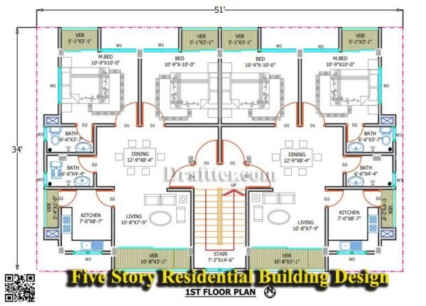 51' X 34' Five Story Residential Building Plans and Designs